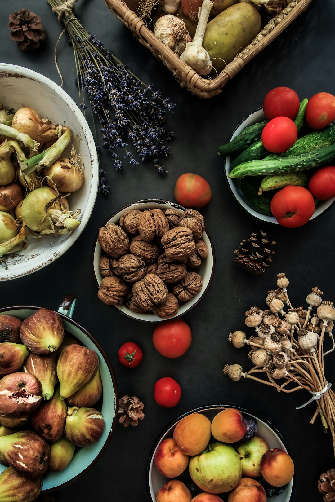 Beautiful flat lay food styling photo of raw, organic, healthy produce with poppy and lavender on a black marble background. All of the produce is from our farm in Mala Ivanca, Serbia.
Influencer shop > https://creativemarket.com/NordWood